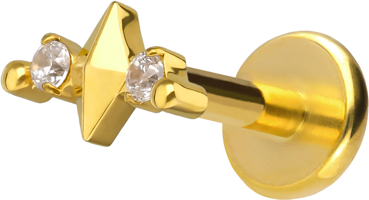 Titan Labret Piercing mit Push Fit RAUTE + 2 KRISTALLE